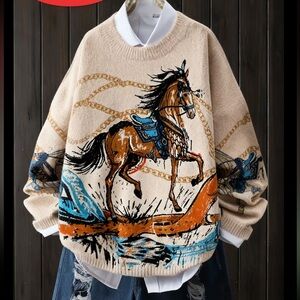 Beige horse western buckle boho Aztec equestrian cardigan cape shawl sweater